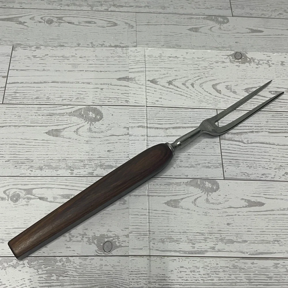 Vintage Stainless Steel Meat Carving Fork Wood Handle Made in USA MCM Kitchen